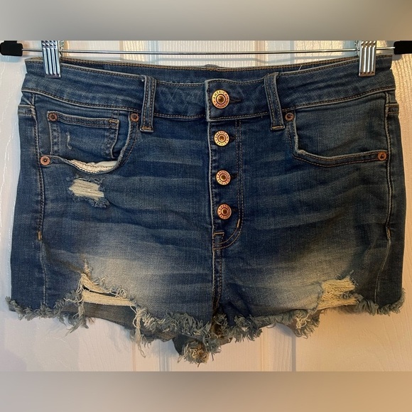 American Eagle Outfitters Pants - American Eagle Super Stretch Button- Fly Distressed Shorts- Size 8